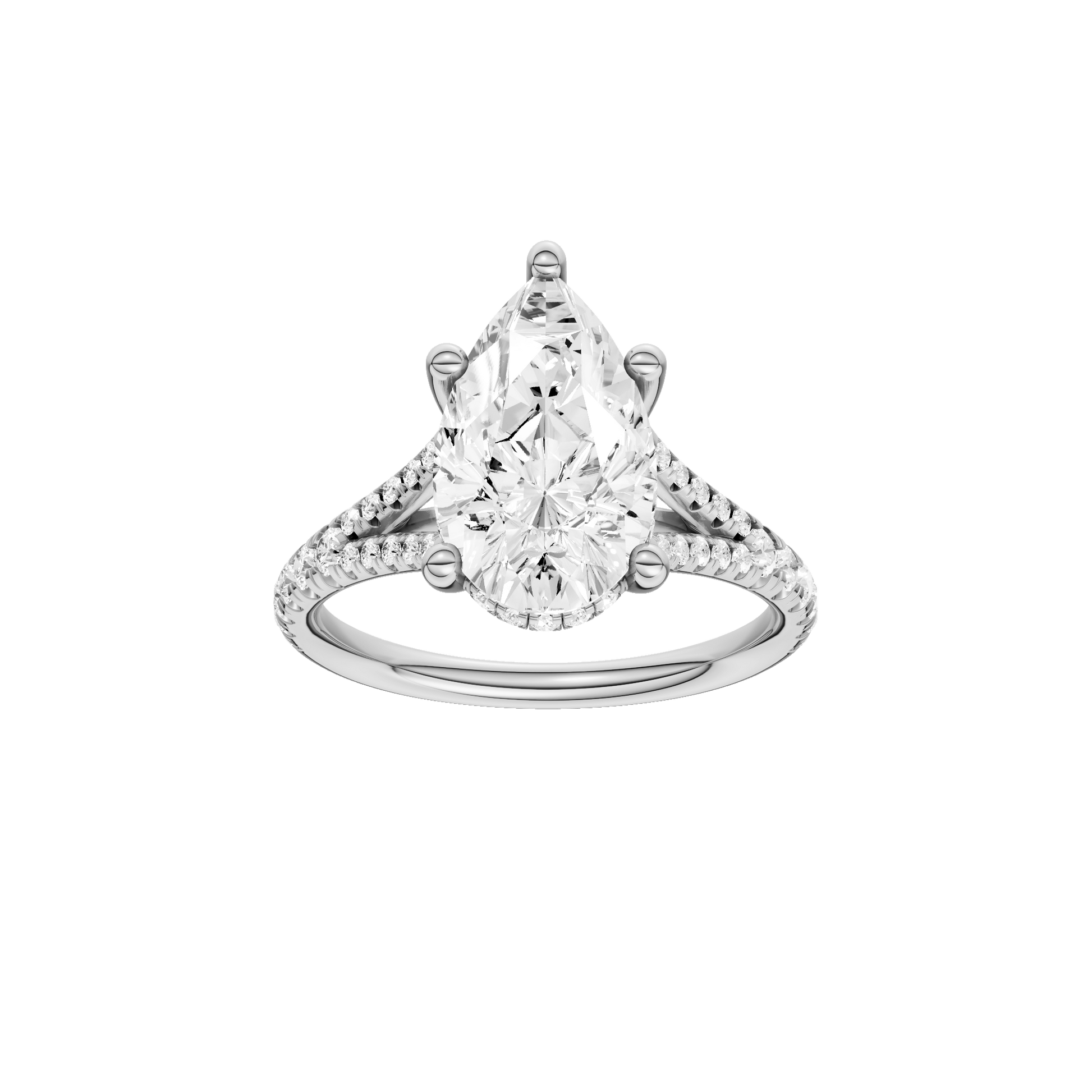 Pear-cut diamond engagement ring with a prong-set diamond band and hidden-halo setting.