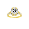 Radiant-cut diamond engagement ring with a channel-set diamond band and halo setting.