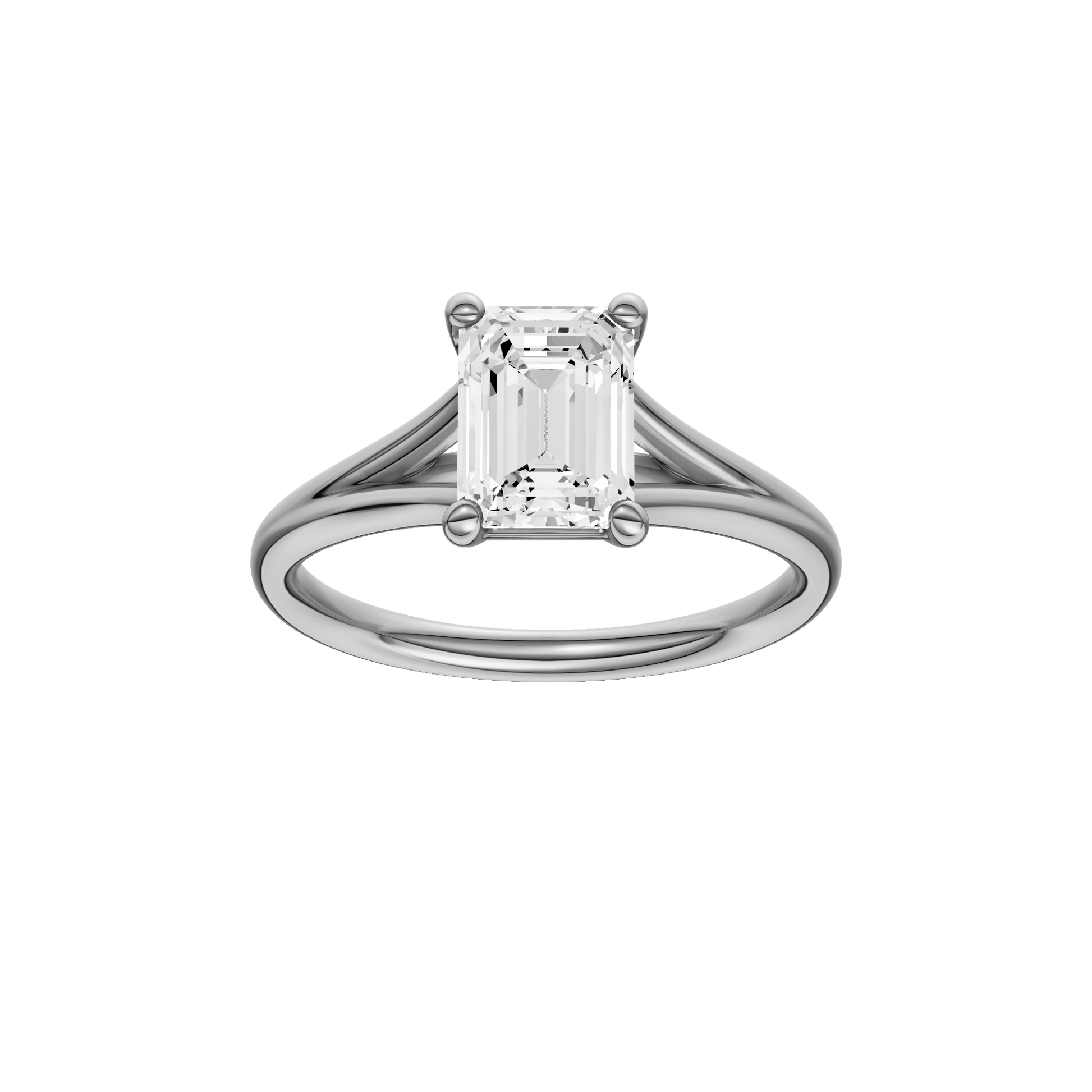 Emerald-cut diamond engagement ring with a plain band and solitaire setting.