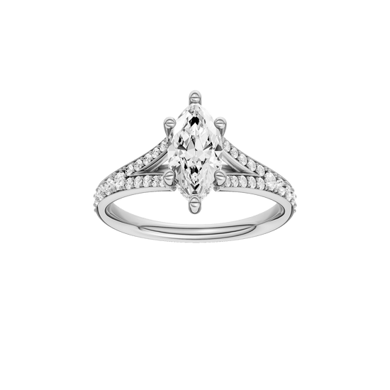 Marquise-cut diamond engagement ring with a channel-set diamond band and hidden-halo setting.