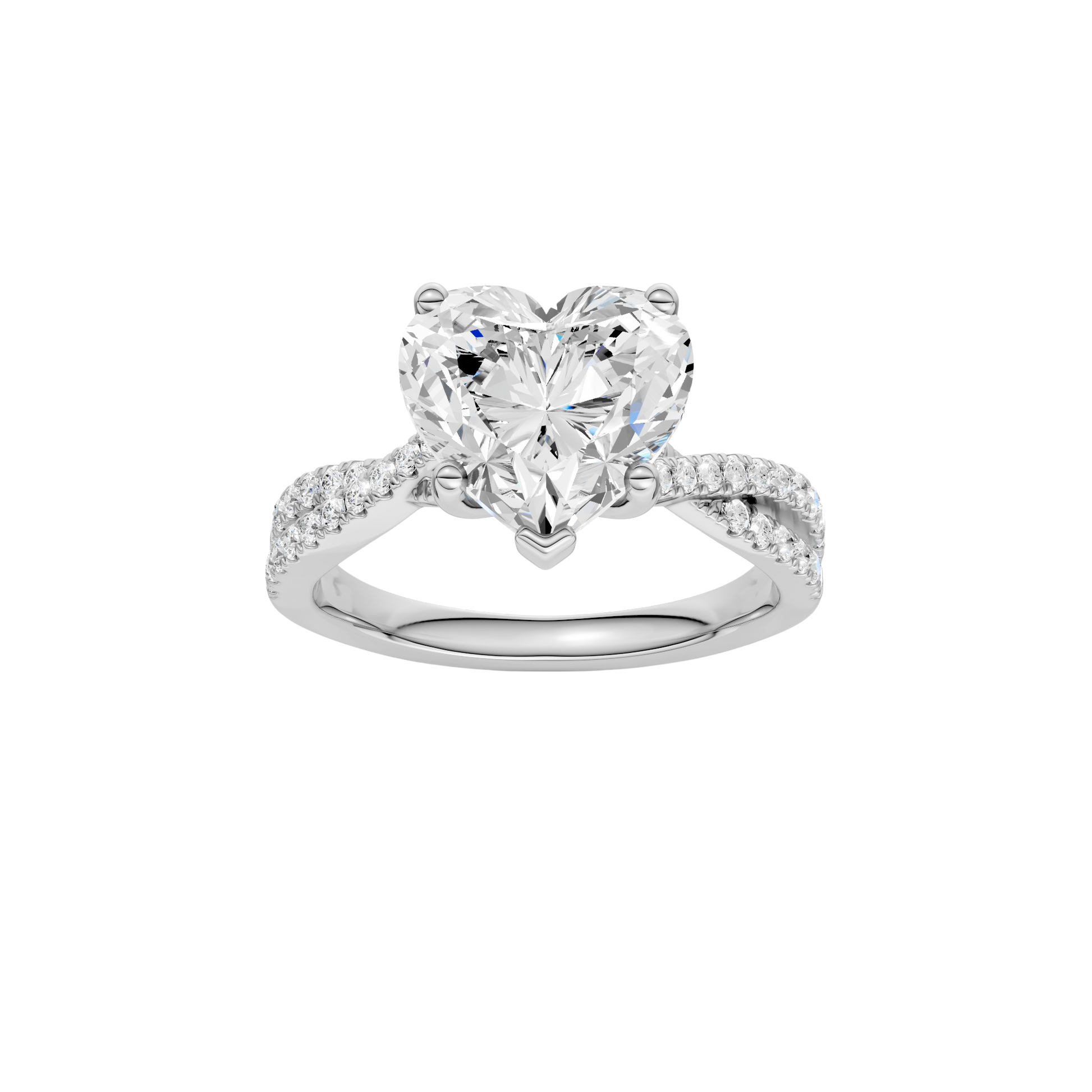 Heart-cut diamond engagement ring in 14k white gold with a prong-set diamond band and twist setting