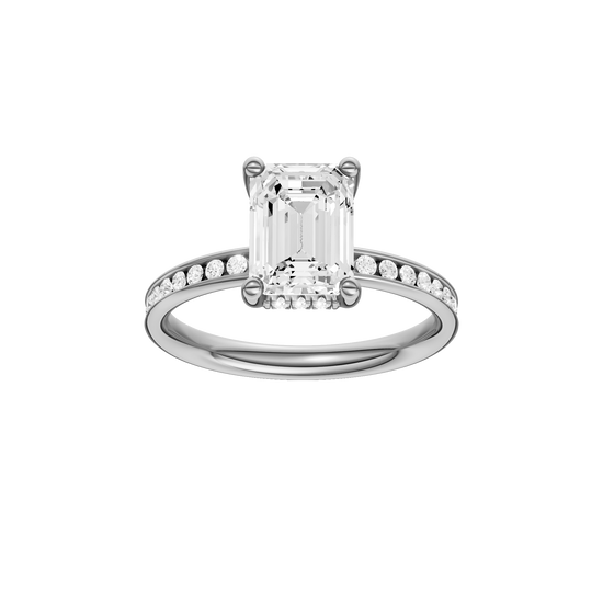 Emerald-cut diamond engagement ring with a channel-set diamond band and hidden-halo setting.