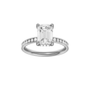 Emerald-cut diamond engagement ring with a channel-set diamond band and hidden-halo setting.