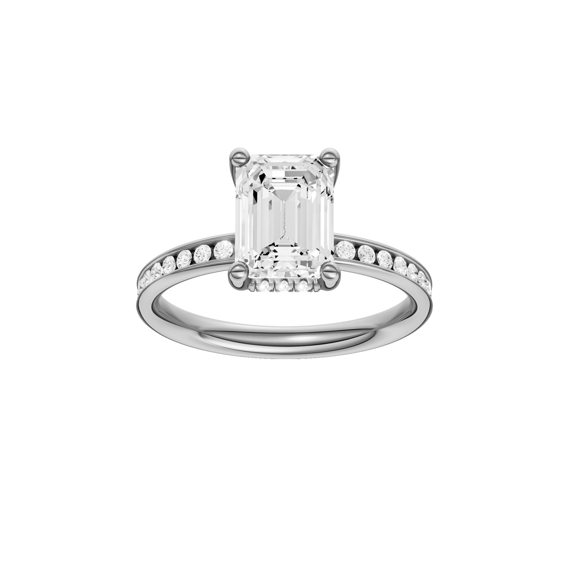 Emerald-cut diamond engagement ring with a channel-set diamond band and hidden-halo setting.