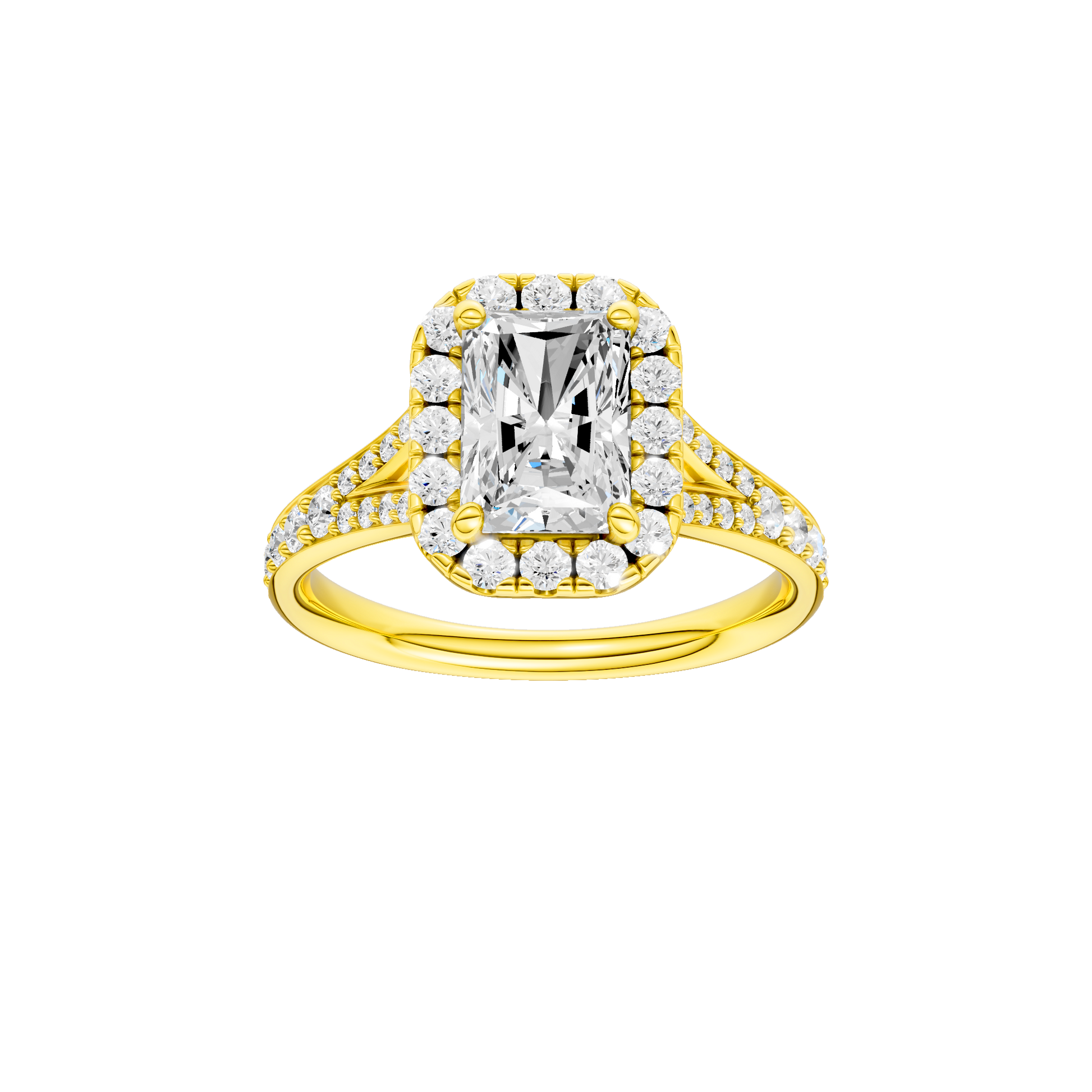 Radiant-cut diamond engagement ring with a channel-set diamond band and halo setting.