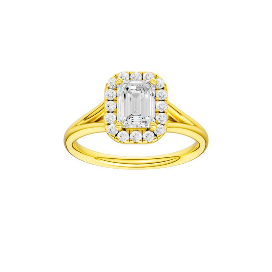 Emerald-cut diamond engagement ring with a plain band and halo setting.