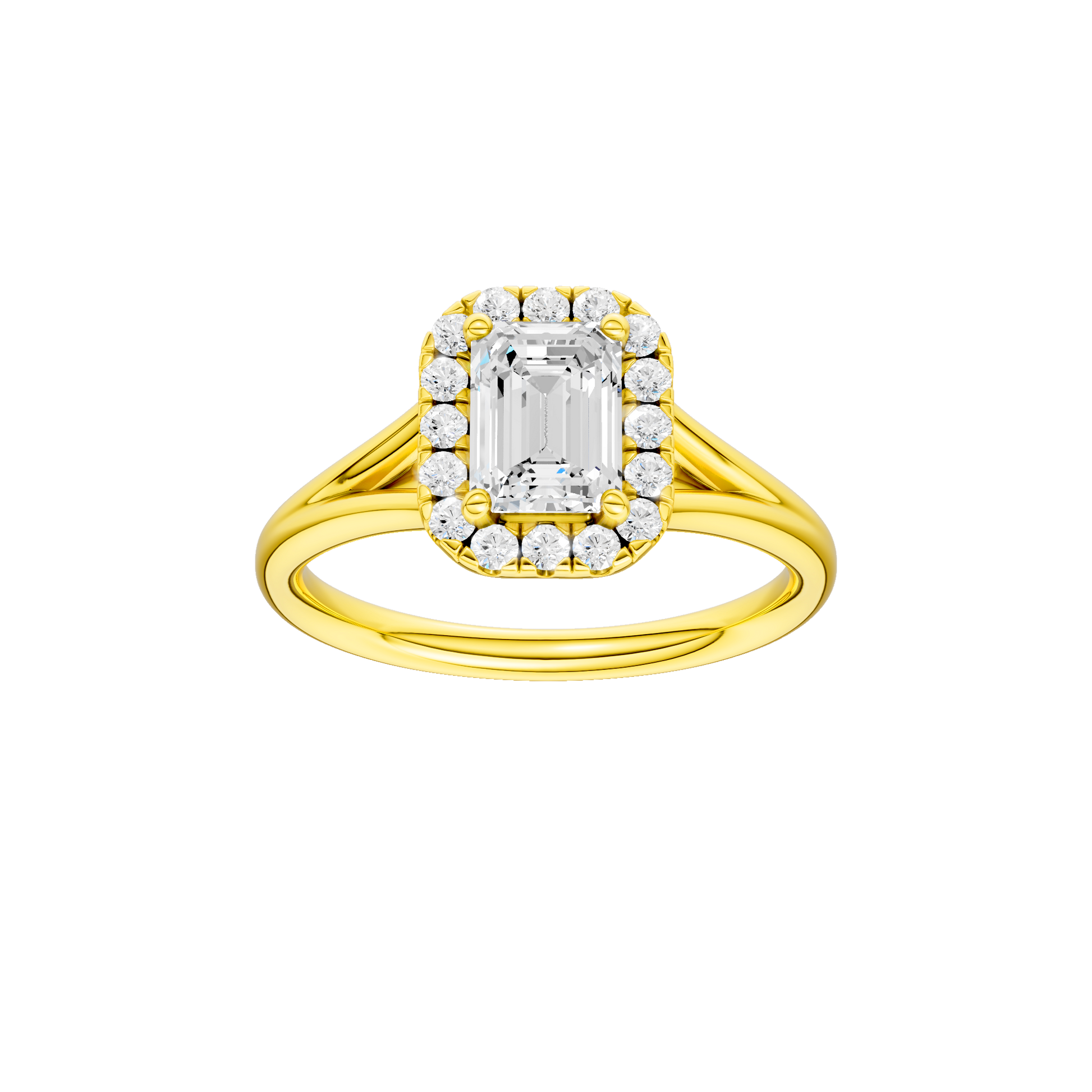 Emerald-cut diamond engagement ring with a plain band and halo setting.