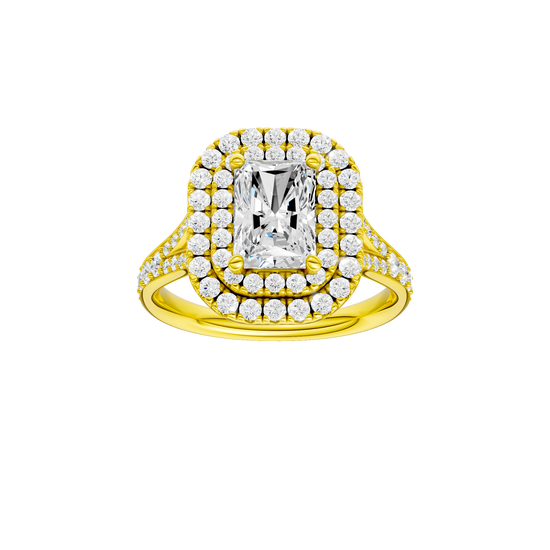 Radiant-cut diamond engagement ring with a channel-set diamond band and double-halo setting.