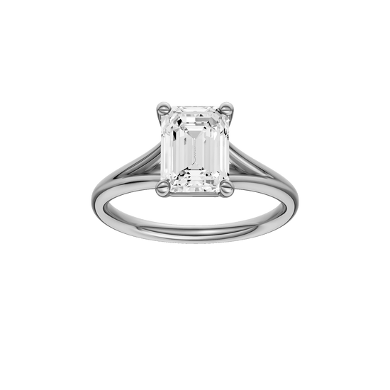 Emerald-cut diamond engagement ring with a plain band and solitaire setting.