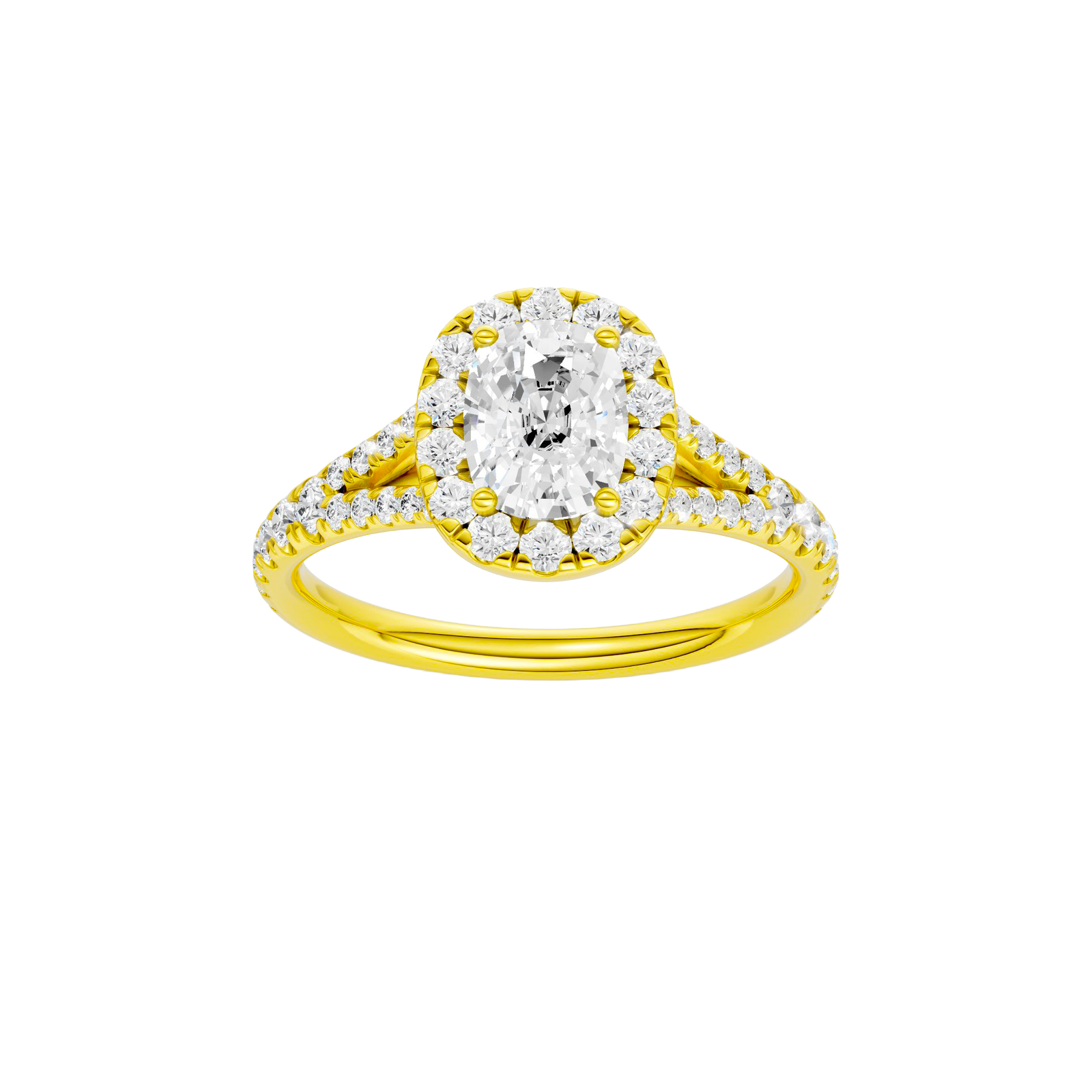 Elongated cushion-cut diamond engagement ring with a prong-set diamond band and halo setting.