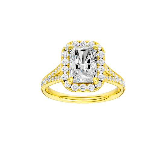 Radiant-cut diamond engagement ring with a channel-set diamond band and halo setting.