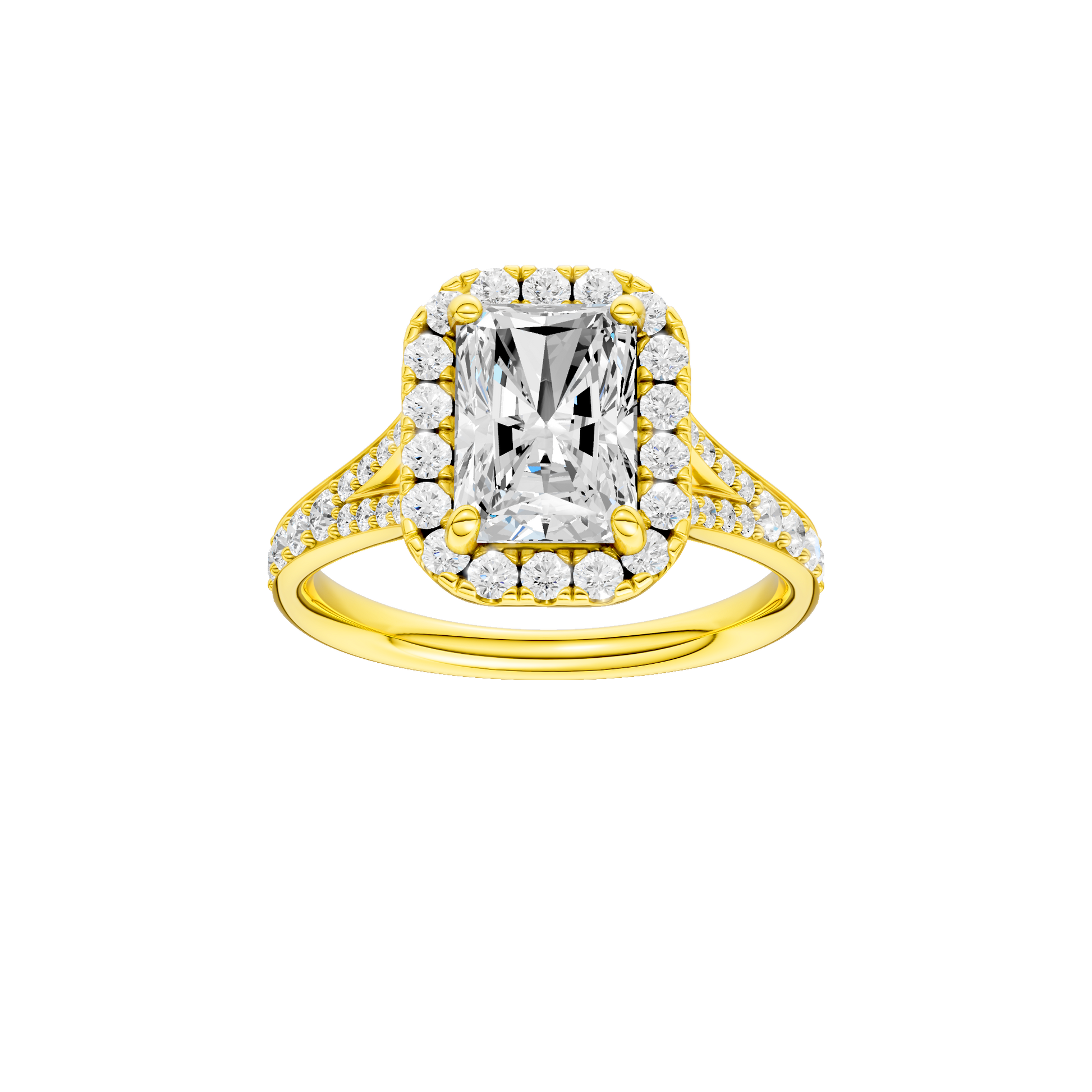 Radiant-cut diamond engagement ring with a channel-set diamond band and halo setting.