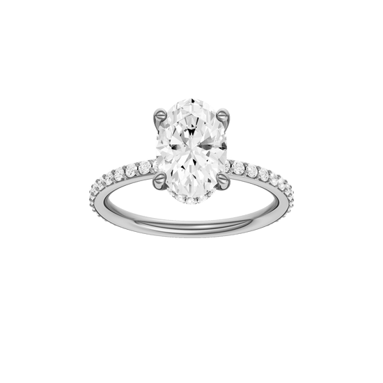 Oval-cut diamond engagement ring with a prong-set diamond band and hidden-halo setting.
