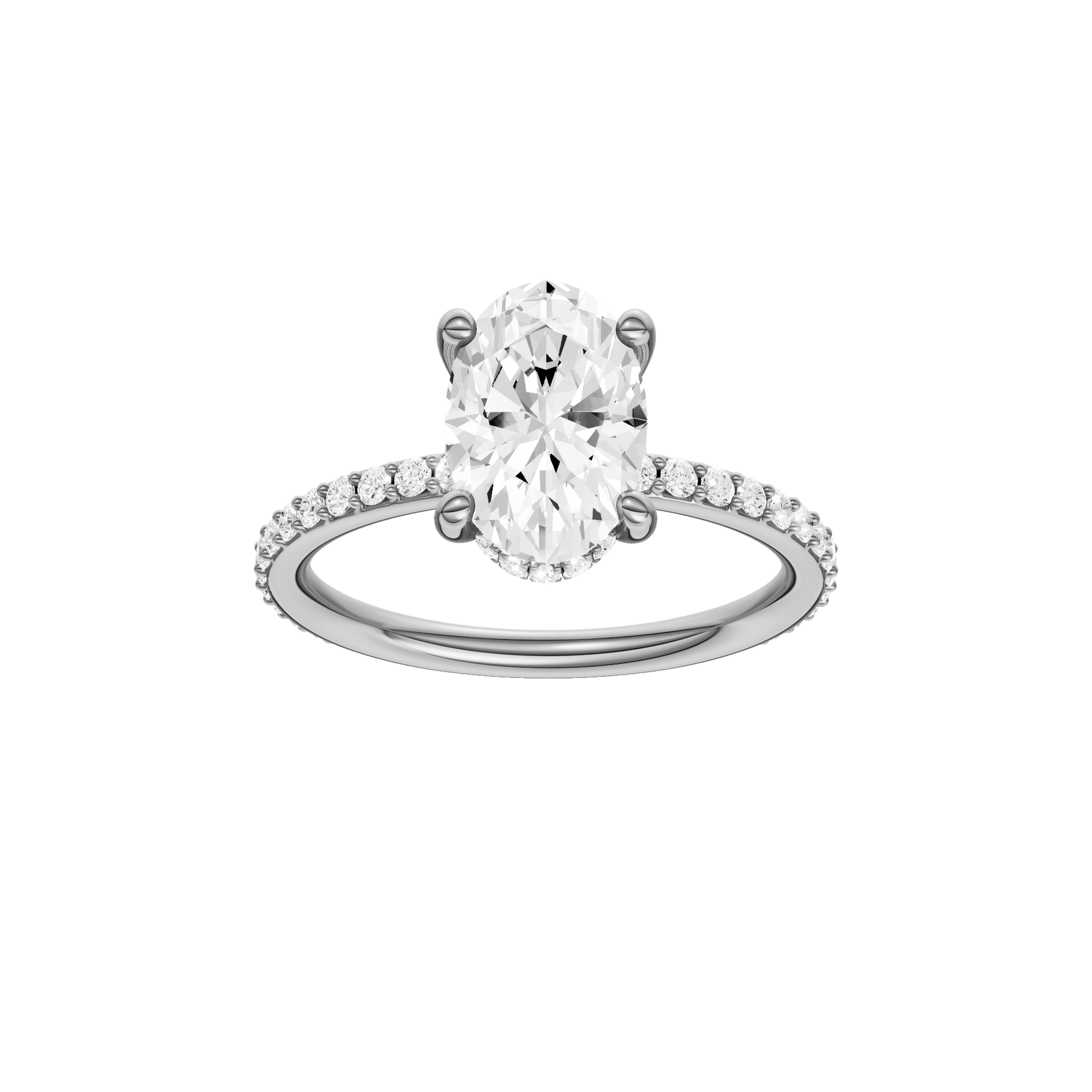 Oval-cut diamond engagement ring with a prong-set diamond band and hidden-halo setting.