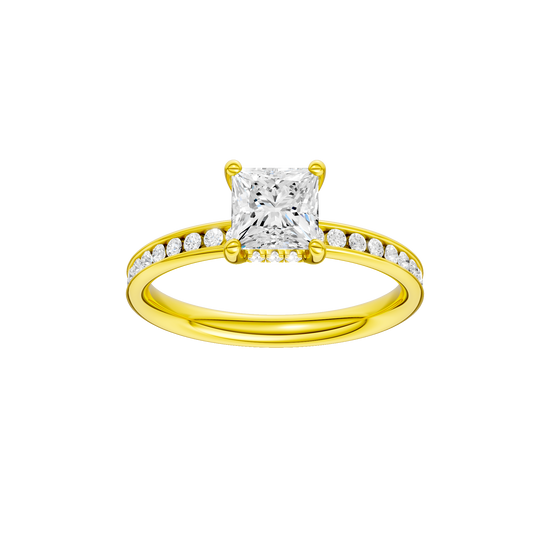 Princess-cut diamond engagement ring with a channel-set diamond band and hidden-halo setting.