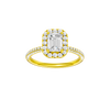 Emerald-cut diamond engagement ring with a pavé-set diamond band and halo setting.
