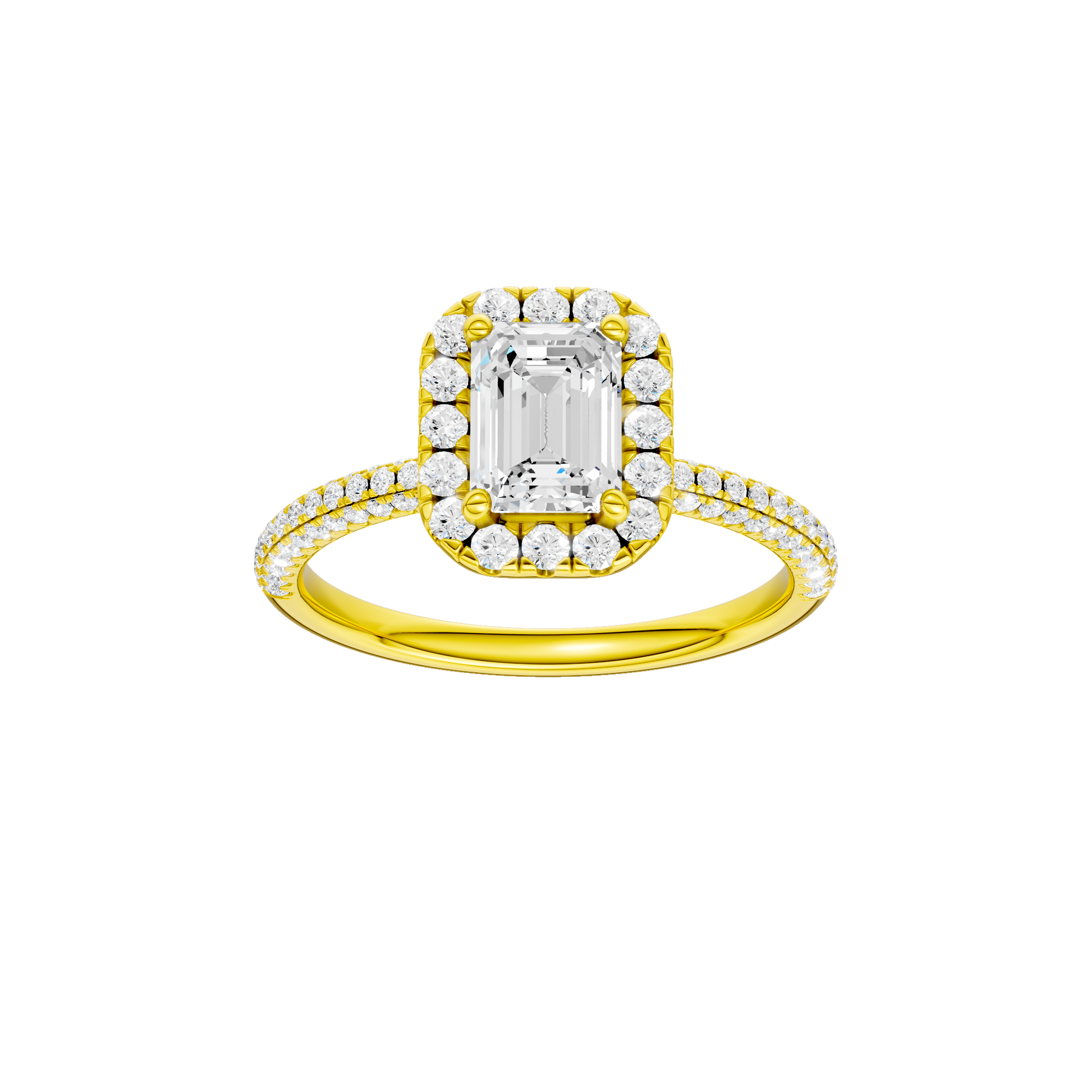 Emerald-cut diamond engagement ring with a pavé-set diamond band and halo setting.