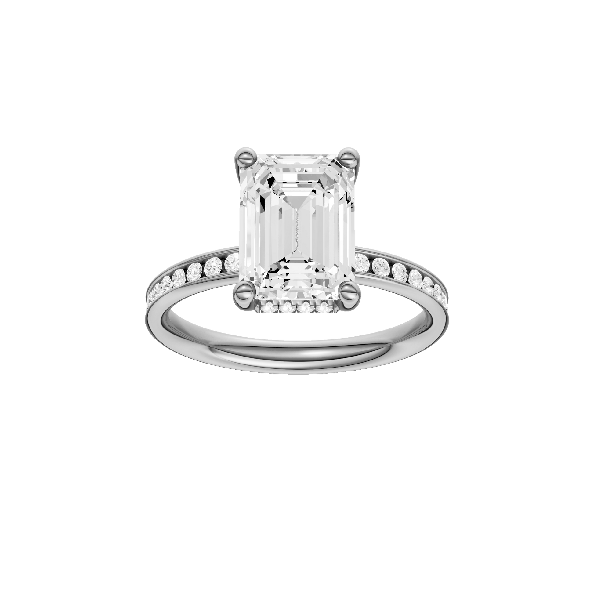 Emerald-cut diamond engagement ring with a channel-set diamond band and hidden-halo setting.