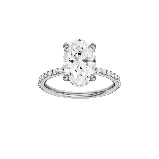 Oval-cut diamond engagement ring with a prong-set diamond band and hidden-halo setting.
