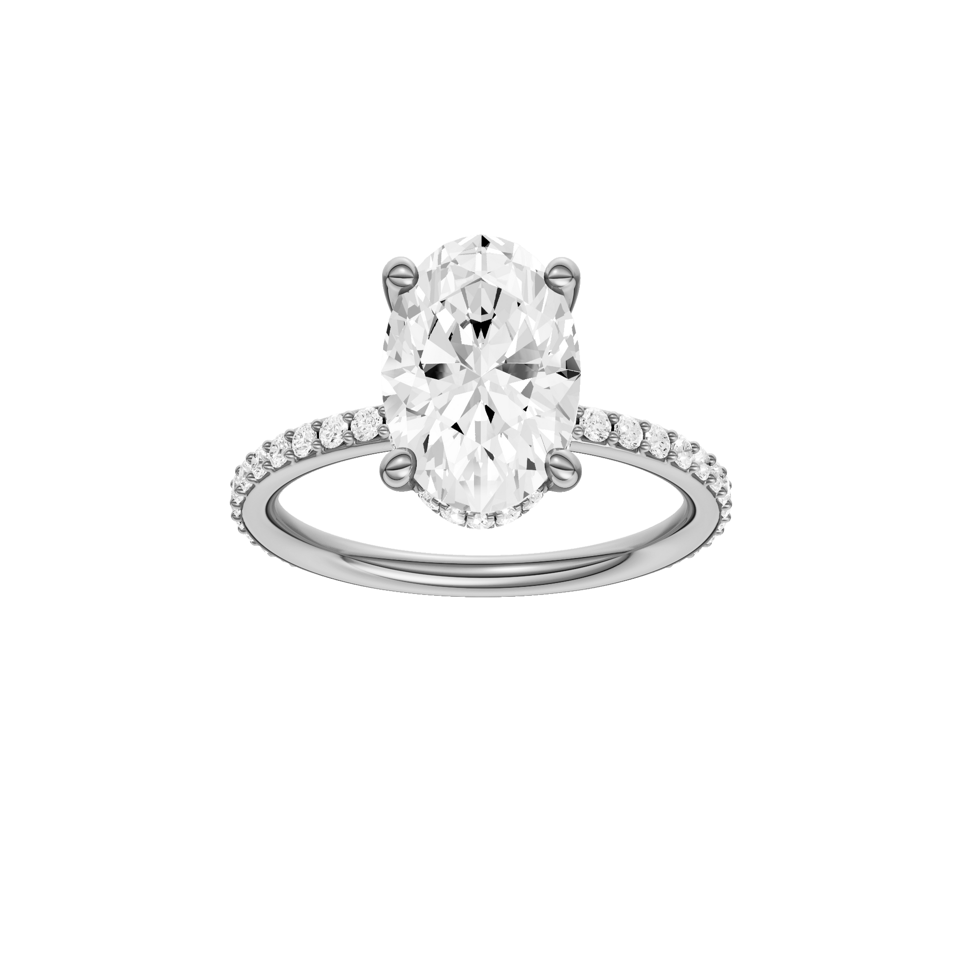 Oval-cut diamond engagement ring with a prong-set diamond band and hidden-halo setting.