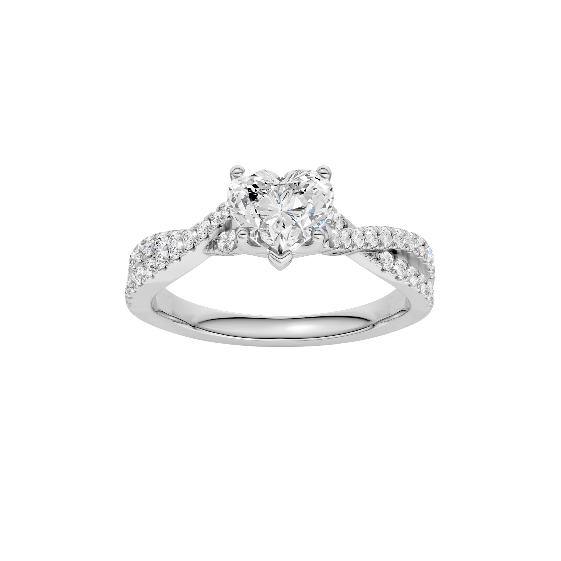 Heart-cut diamond engagement ring in 14k white gold with a prong-set diamond band and twist setting
