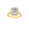 Radiant-cut diamond engagement ring with a channel-set diamond band and halo setting.