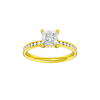 Princess-cut diamond engagement ring with a channel-set diamond band and hidden-halo setting.