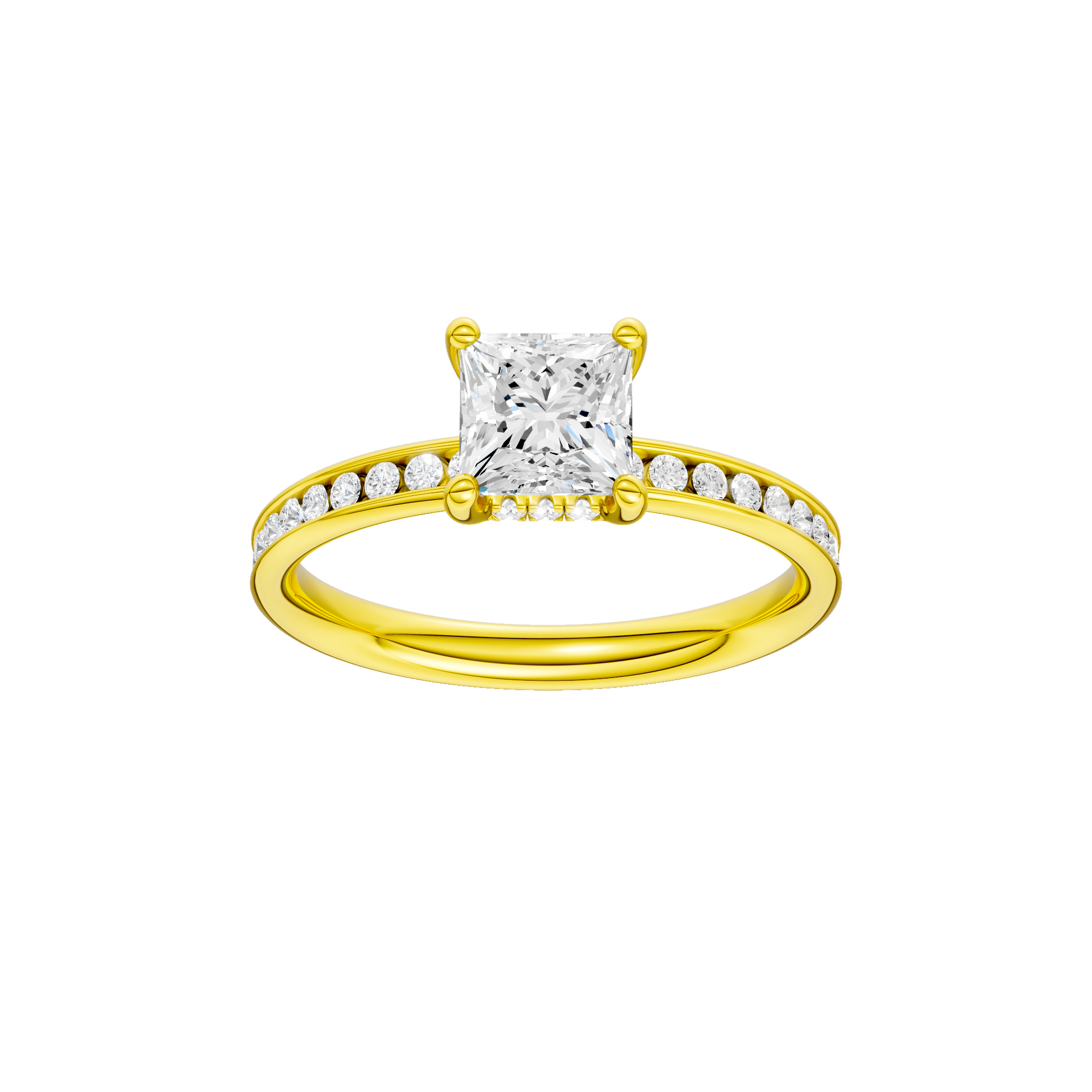 Princess-cut diamond engagement ring with a channel-set diamond band and hidden-halo setting.
