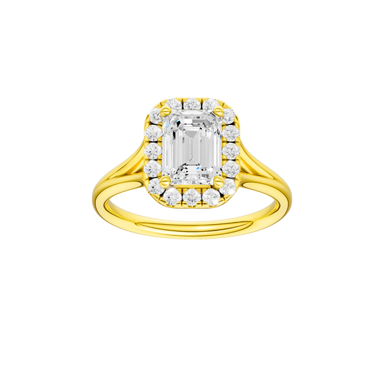 Emerald-cut diamond engagement ring with a plain band and halo setting.