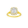 Emerald-cut diamond engagement ring with a plain band and halo setting.