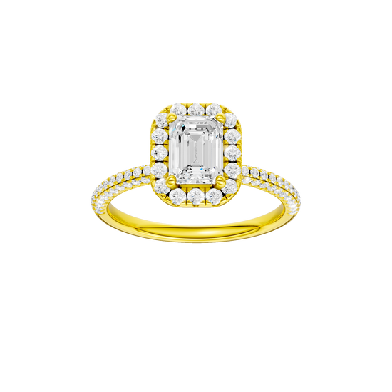 Emerald-cut diamond engagement ring with a pavé-set diamond band and halo setting.