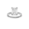 Emerald-cut diamond engagement ring with a channel-set diamond band and hidden-halo setting.