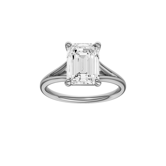 Emerald-cut diamond engagement ring with a plain band and solitaire setting.