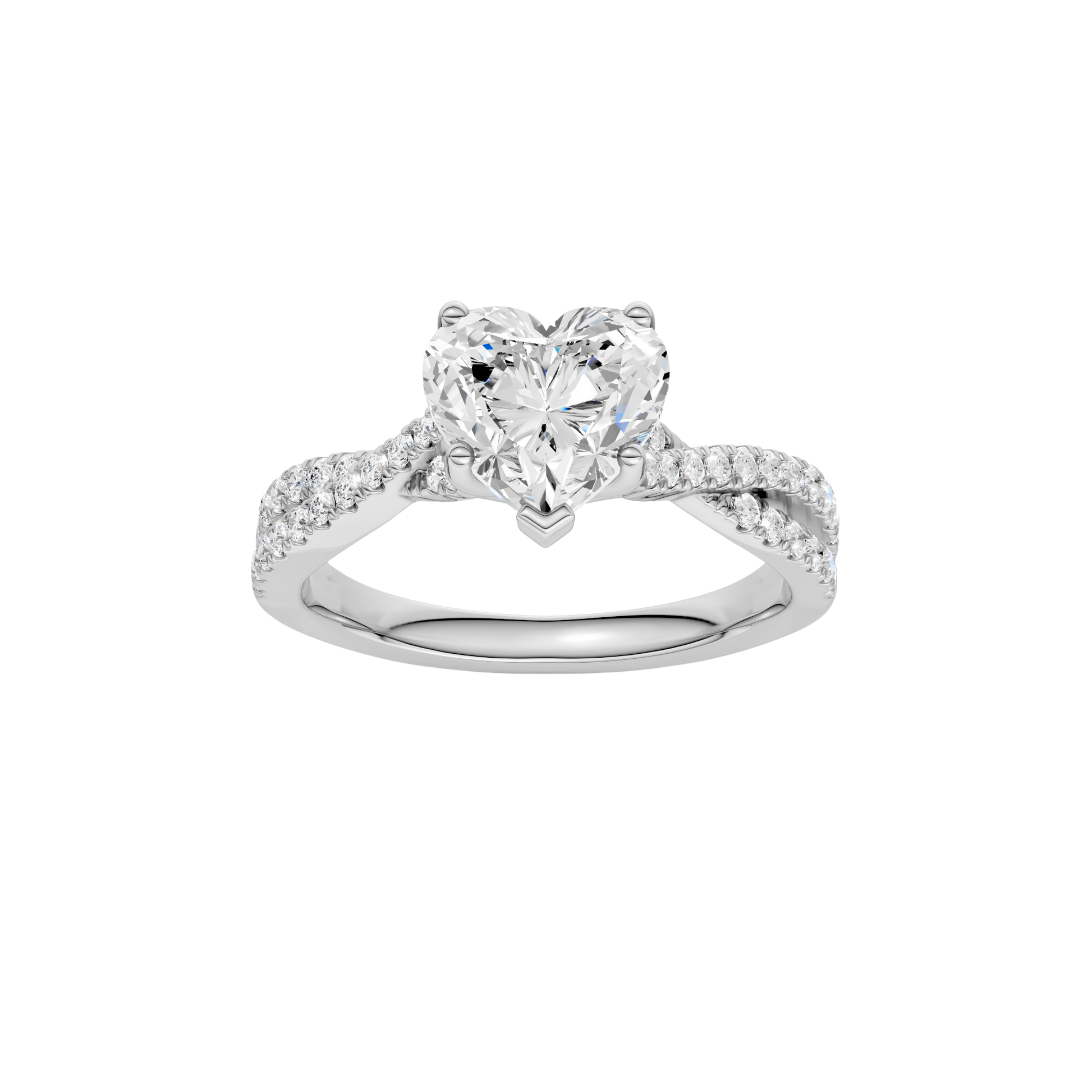 Heart-cut diamond engagement ring in 14k white gold with a prong-set diamond band and twist setting