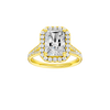 Radiant-cut diamond engagement ring with a channel-set diamond band and halo setting.