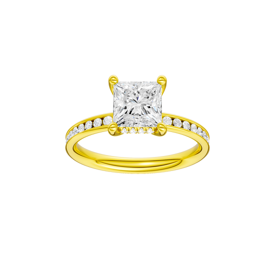 Princess-cut diamond engagement ring with a channel-set diamond band and hidden-halo setting.
