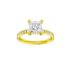 Princess-cut diamond engagement ring with a channel-set diamond band and hidden-halo setting.