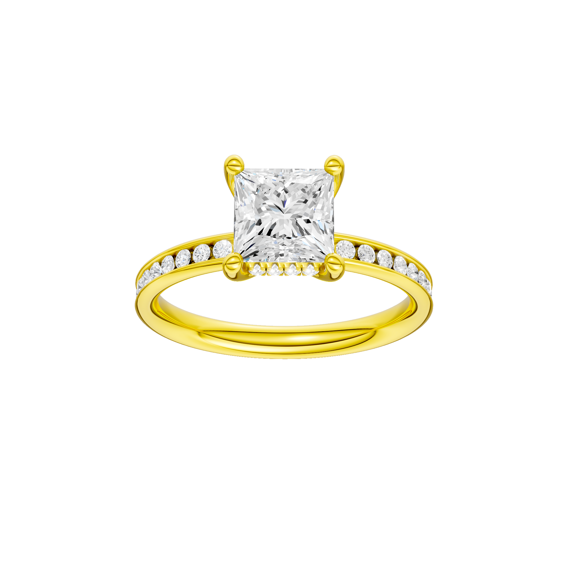 Princess-cut diamond engagement ring with a channel-set diamond band and hidden-halo setting.