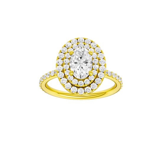 Oval-cut diamond engagement ring with a prong-set diamond band and double-halo setting.