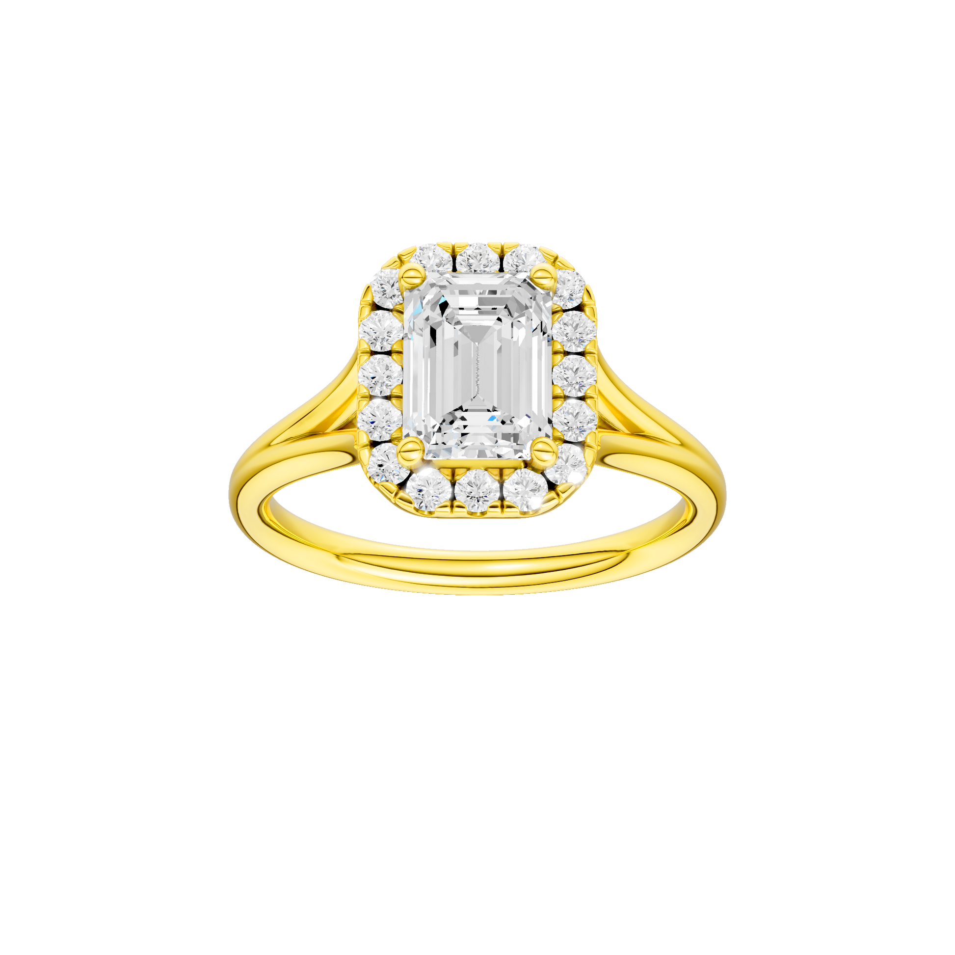 Emerald-cut diamond engagement ring with a plain band and halo setting.