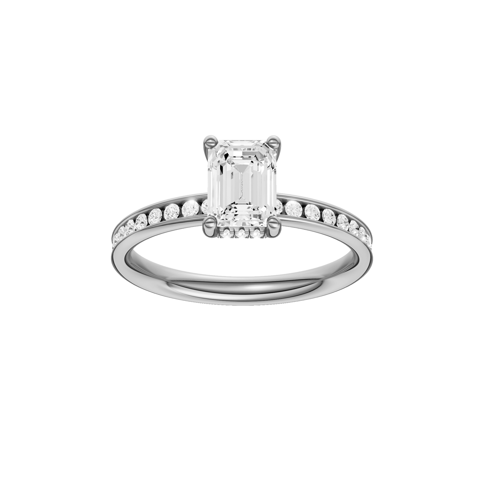 Emerald-cut diamond engagement ring with a channel-set diamond band and hidden-halo setting.