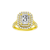 Radiant-cut diamond engagement ring with a channel-set diamond band and double-halo setting.