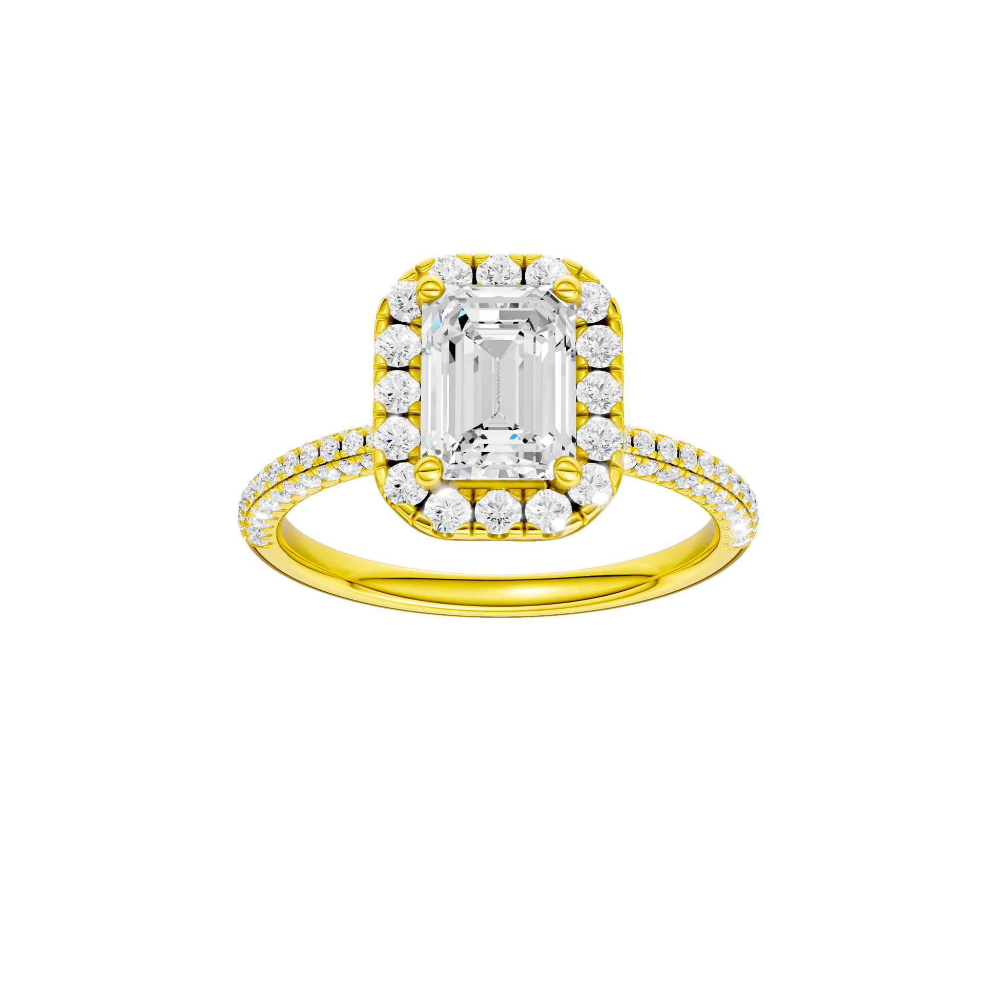 Emerald-cut diamond engagement ring with a pavé-set diamond band and halo setting.