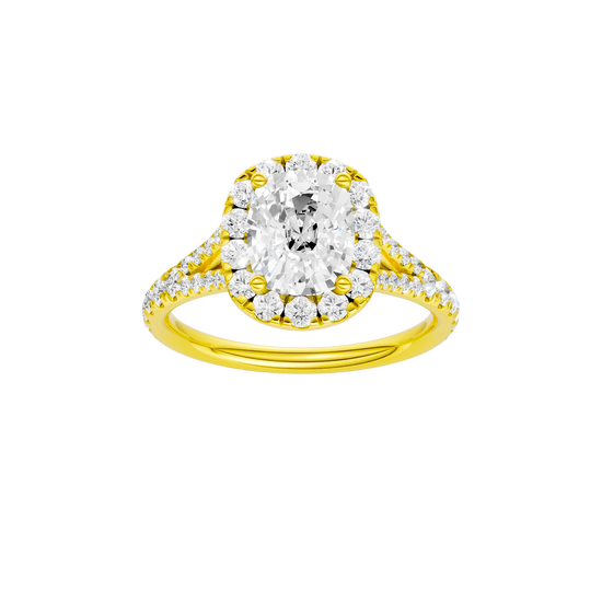 Elongated cushion-cut diamond engagement ring with a prong-set diamond band and halo setting.