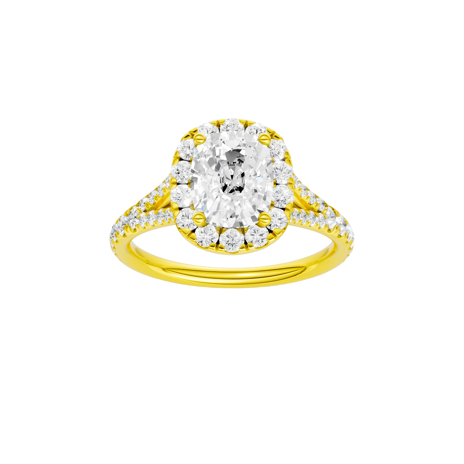 Elongated cushion-cut diamond engagement ring with a prong-set diamond band and halo setting.