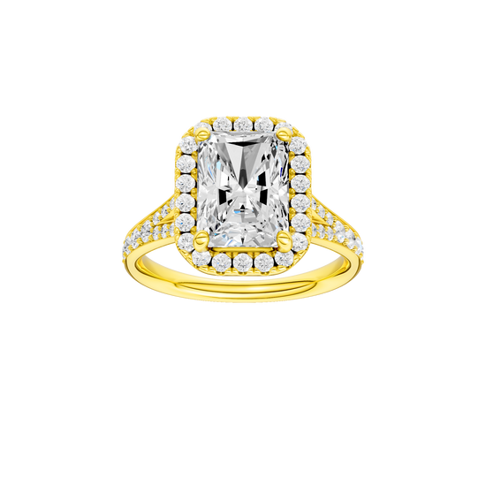 Radiant-cut diamond engagement ring with a channel-set diamond band and halo setting.