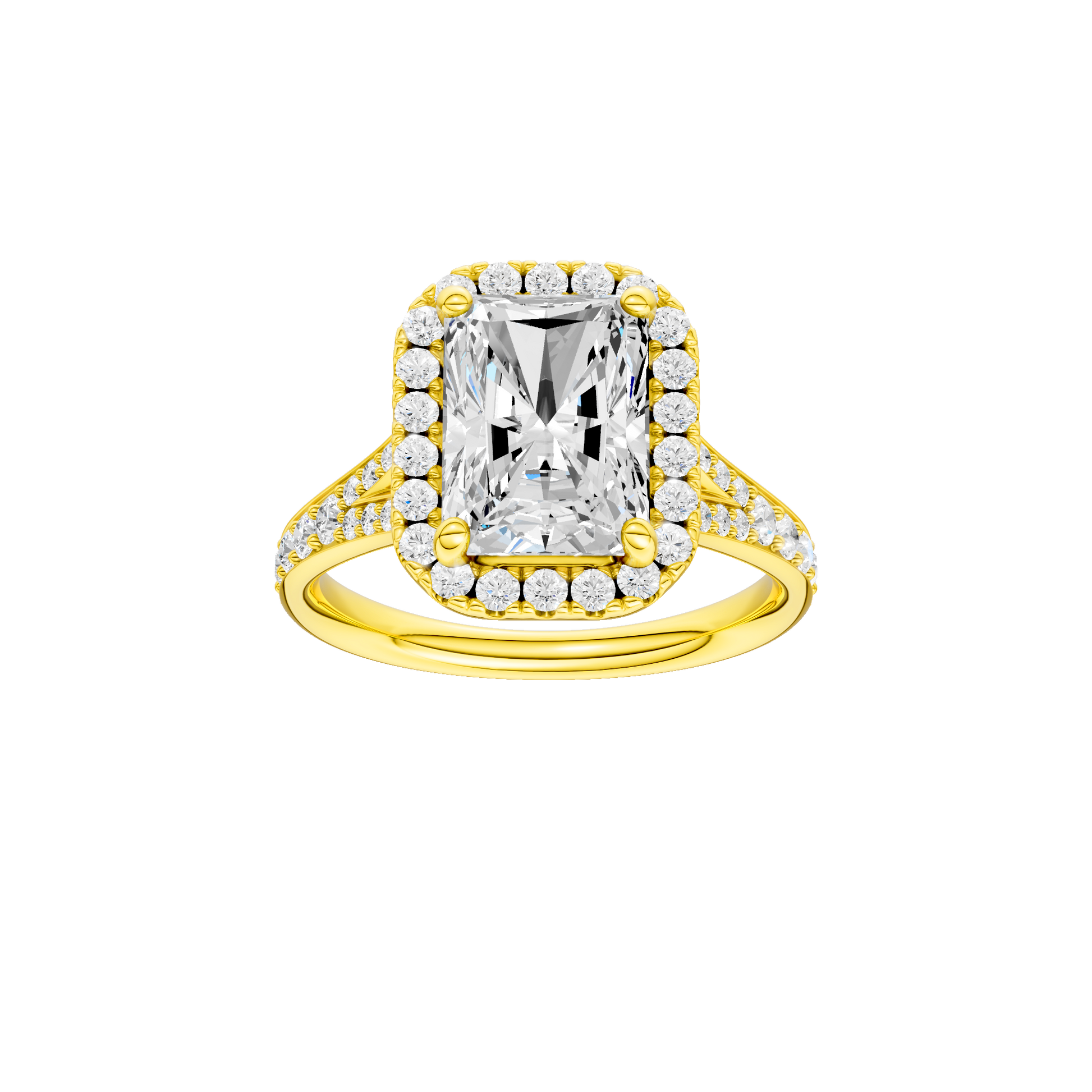 Radiant-cut diamond engagement ring with a channel-set diamond band and halo setting.