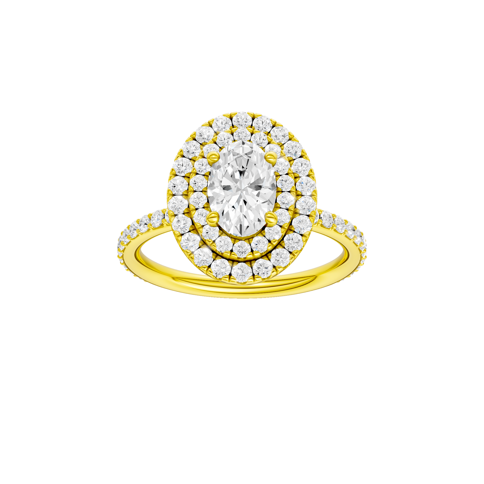 Oval-cut diamond engagement ring with a prong-set diamond band and double-halo setting.