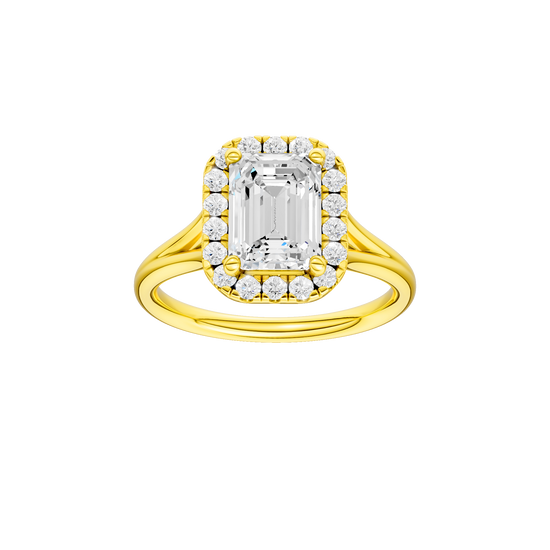 Emerald-cut diamond engagement ring with a plain band and halo setting.
