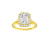 Emerald-cut diamond engagement ring with a plain band and halo setting.
